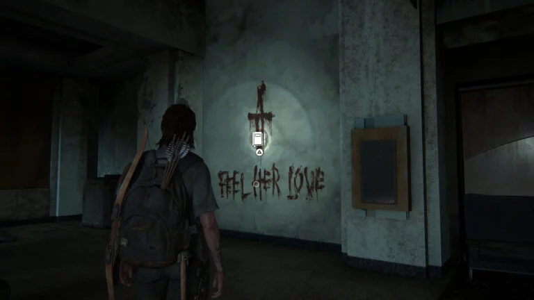 "Feel Her Love"-Graffiti mit Blut an die Wand geschmiert, Position für einen Tagebucheintrag in The Last of Us 2