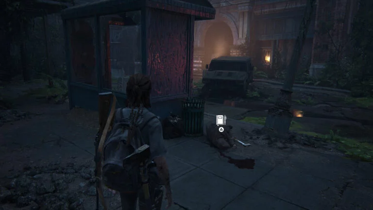 Ellie schaut auf einen getöteten Scar, Position für einen Tagebucheintrag in The Last of Us 2