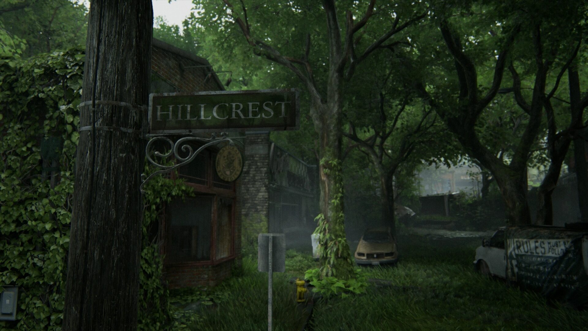 Straßenschild Hillcrest mit Blick auf eine überwucherte Allee und alte Autowracks, am Straßenrand Häuserruinen in The Last of Us 2