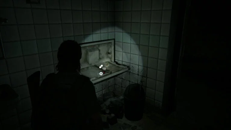 10 Zusätze auf Klapptisch in der Toilette im Keller von Goldstar Liquor in The Last of Us 2