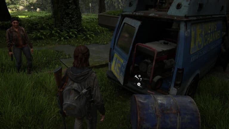 Upgrade-Teile im Heck des Übertragungswagens auf dem Vorplatz von Kanal 13 in The Last of Us 2
