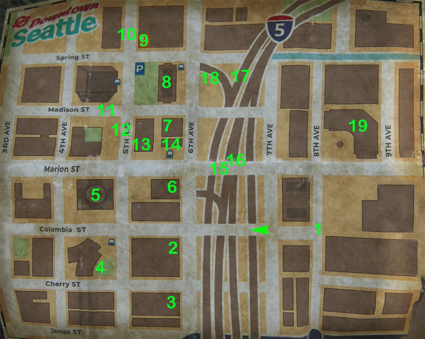 Seattle center map with markers, The Last of Us 2