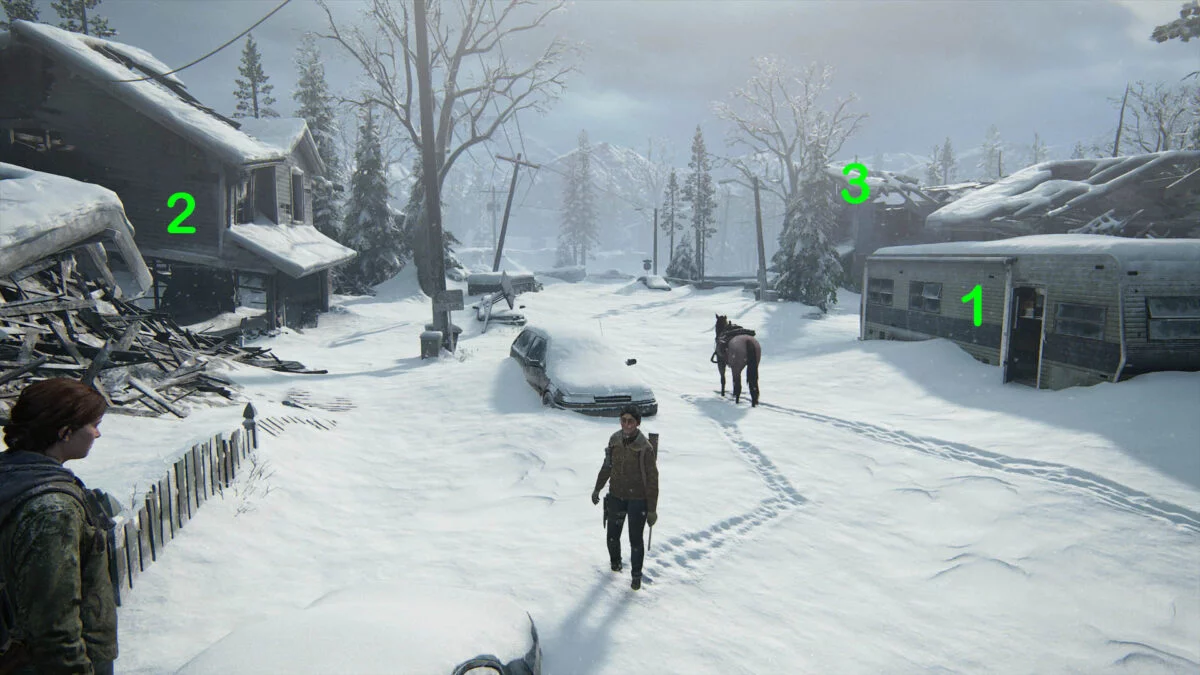 Häusergruppe in The Last of Us 2 mit Markierungen
