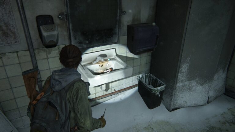 Supplements on a sink in the laundry room of the Green Place Market in The Last of Us 2