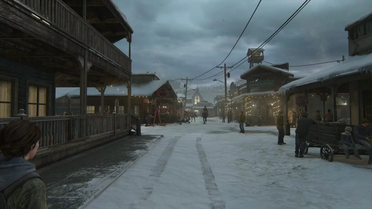 Die verschneite Hauptstraße von Jackson in The Last of Us 2