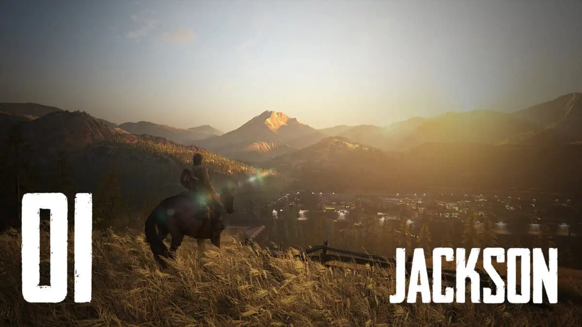 Joel auf Pferd blickt über Jackson in The Last of Us 2