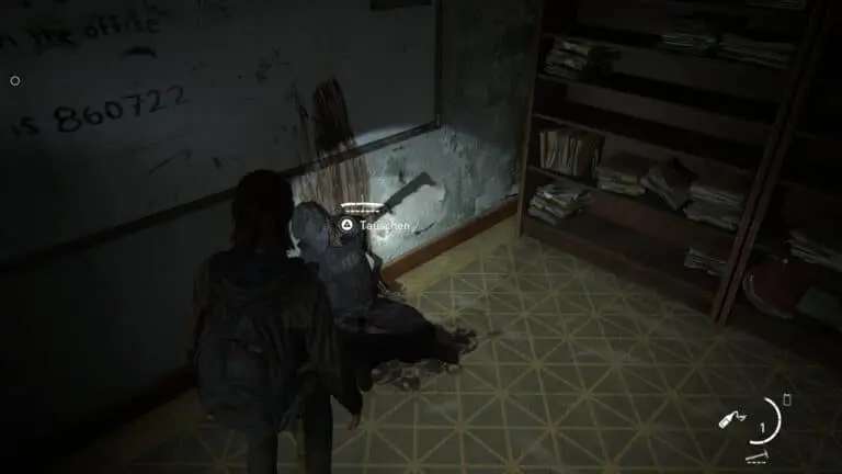 Nahkampfwaffe Machete in einer Leiche im Gerichtsvollzieherbüro in The Last of Us 2.