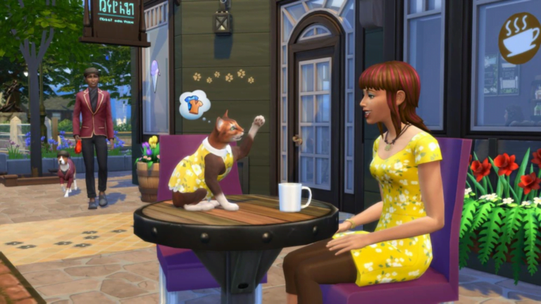 In Die Sims 4 sitzt eine junge Frau an einem Café-Tisch mit einer Katze.