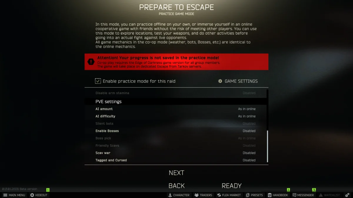 Dies sind die Einstellungen des Offline Modus in Escape from Tarkov.