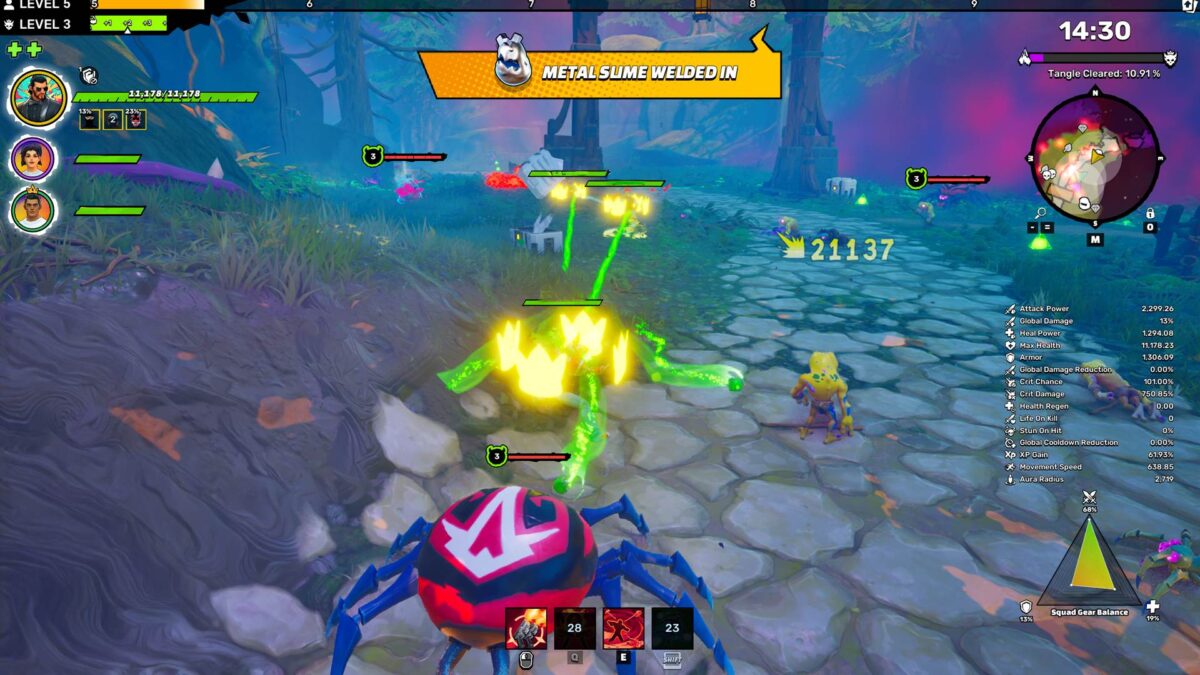 Gameplay-Szene mit Tether-Mechanik: Grüner Energiefaden verbindet Helden und Gegner, Schadenszahlen und UI zeigen aktiven Kampf im Fantasy-Actionspiel.