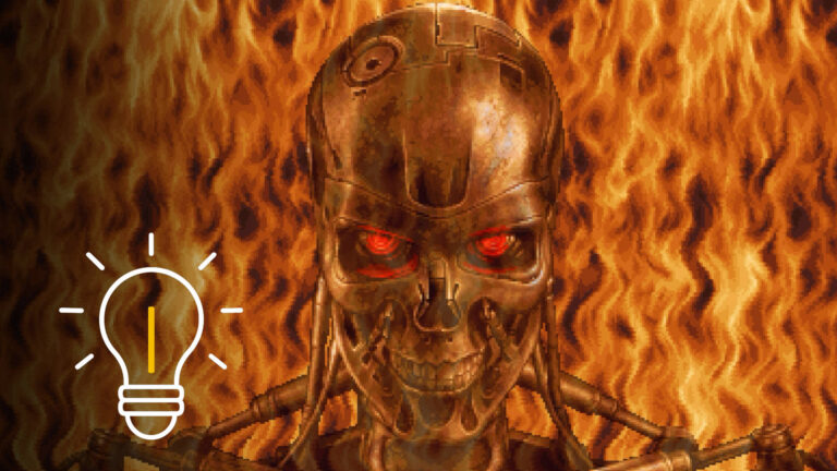 Terminator-Endoskelett mit leuchtend roten Augen vor Flammen – Symbolbild für Cheats, Tipps oder geheime Funktionen in Terminator 2D: No Fate.