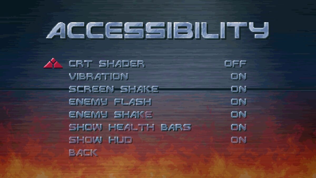 Accessibility- und Cheats-Menü von Terminator 2D: No Fate mit Optionen wie CRT-Shader, Vibration, Screen Shake und HUD-Anzeige.
