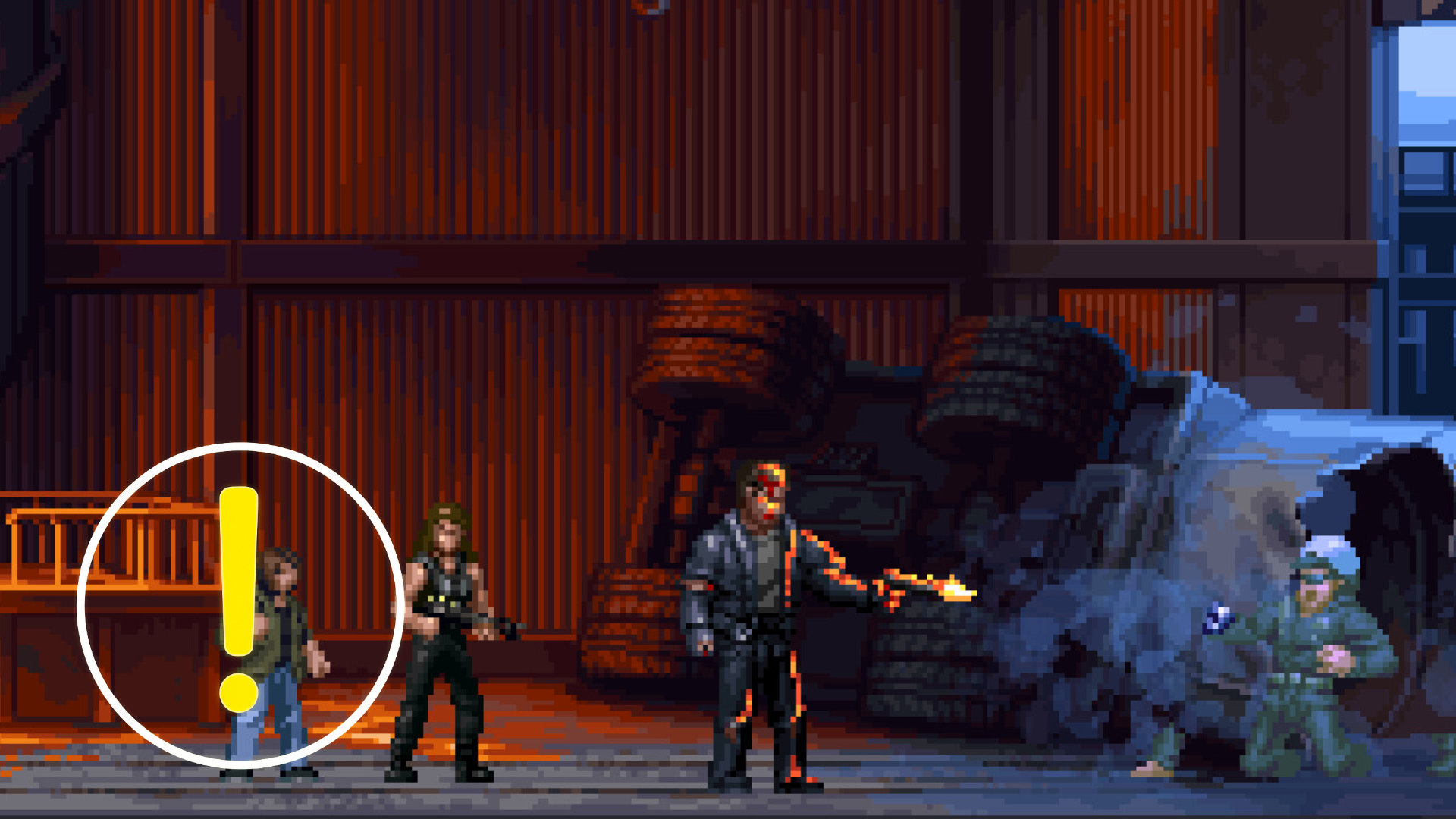 Several small 2D characters stand armed beside an overturned car.