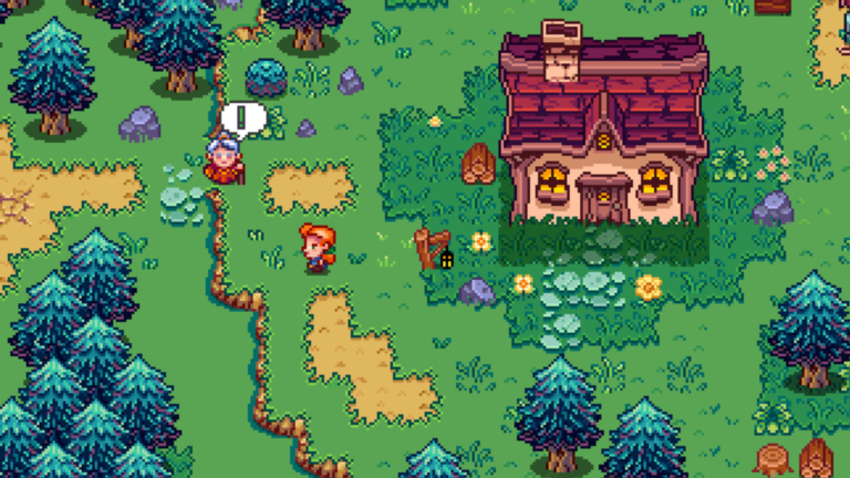 Ein Spiel in Pixel-Grafik zeigt eine grüne Landschaft, in der eine Hütte steht.