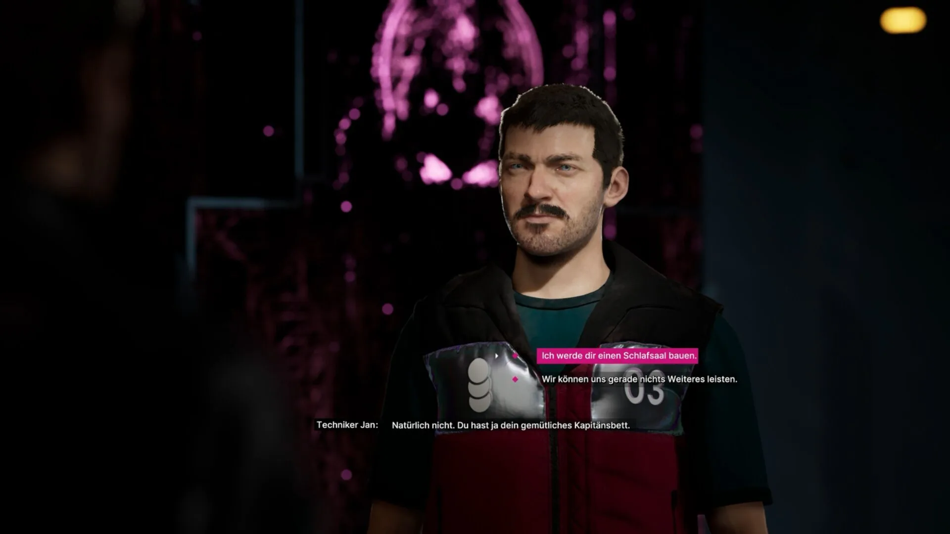 Eine Spielszene aus The Alters zeigt einen Mann mit Oberlippenbart und skeptischem Blick.