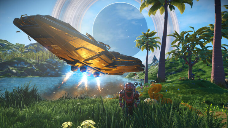 No Man’s Sky explorer on a lush planet as a starship lifts off beside a lake and ringed planet.