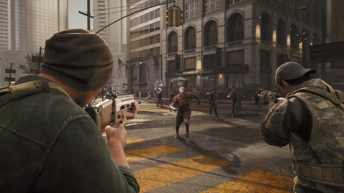 In dem Videospiel "The Day Before" zielen zwei Figuren mit Maschinengewehren auf anstürmende Zombies.