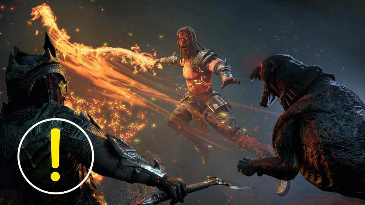 Ein Mann mit leuchtendem roten Schwert stürzt sich auf einen Ritter und einen Höllenhund.