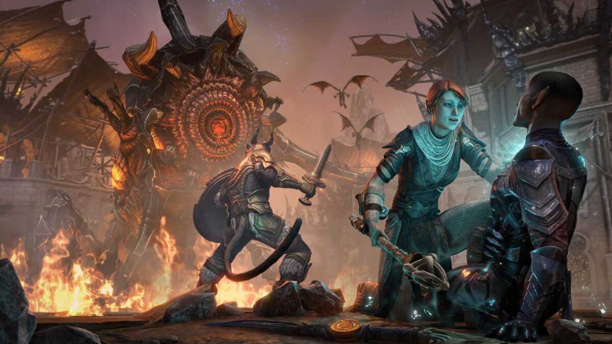 Eine Frau kniet bei einer Person, ein anderer behauptet sich gegen einen riesigen Gegner.