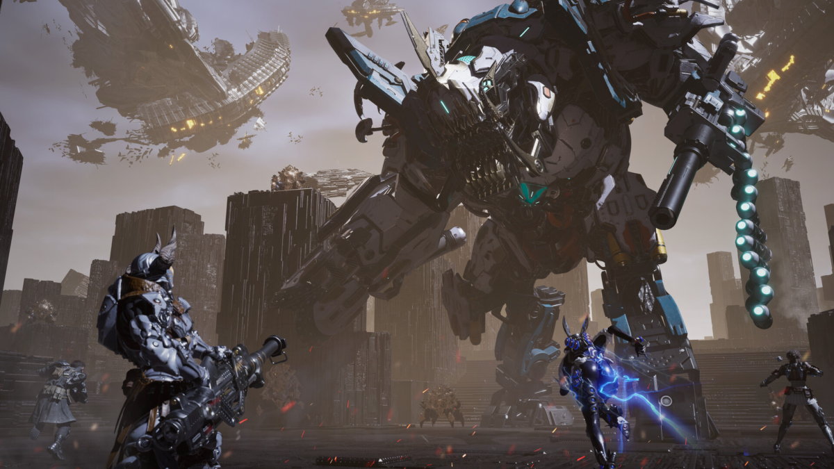 Ein Screenshot des Spiels The First Descendant zeigt, wie sich ein Soldat einem mächtigen Roboter entgegenstellt.