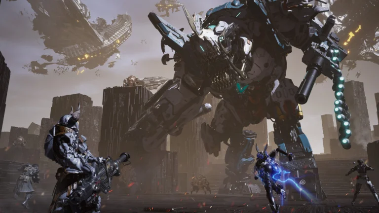 Ein Screenshot des Spiels The First Descendant zeigt, wie sich ein Soldat einem mächtigen Roboter entgegenstellt.