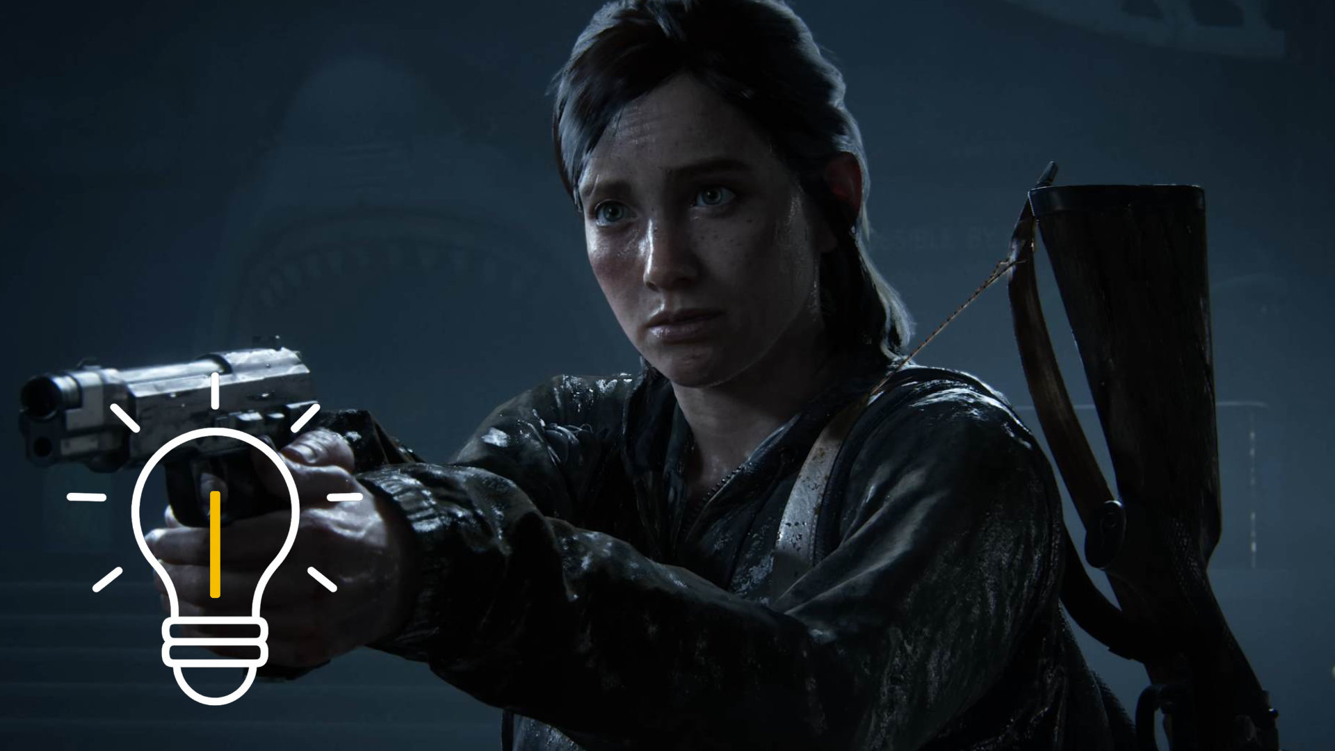 Ellie with a gun in her hand, aiming at something.