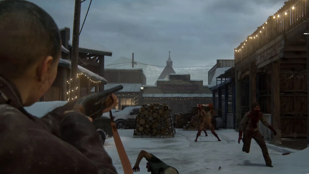 Das Bild zeigt einen Ausschnitt aus dem Spiel The Last of Us Part 2, in dem eine Person mit kurz geschorenen Haaren mit einem Gewehr auf Zombies schießt.