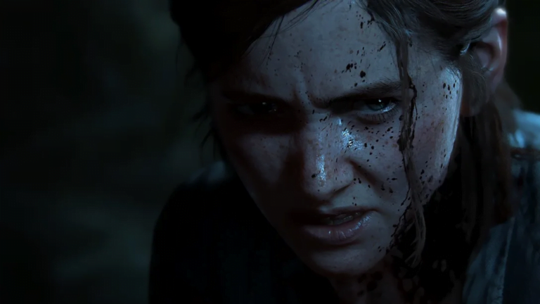 Ellie aus The Last of Us mit wuterfülltem Blick und Blutspritzern im Gesicht.