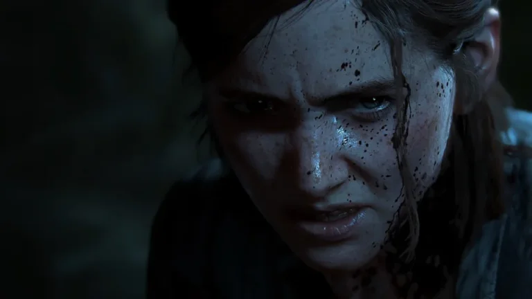 Ellie aus The Last of Us mit wuterfülltem Blick und Blutspritzern im Gesicht.