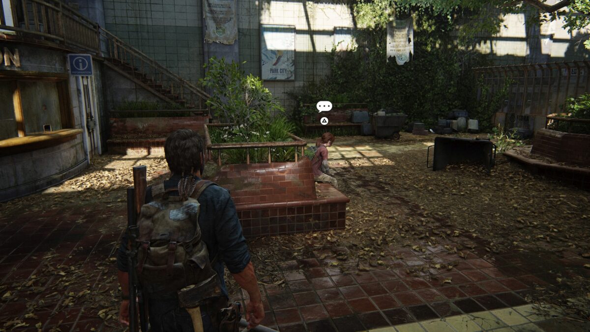 Wenn sich Ellie auf diese Bank setzt, könnt ihr ein freiwilliges Gespräch in The Last of Us Part 1 führen.