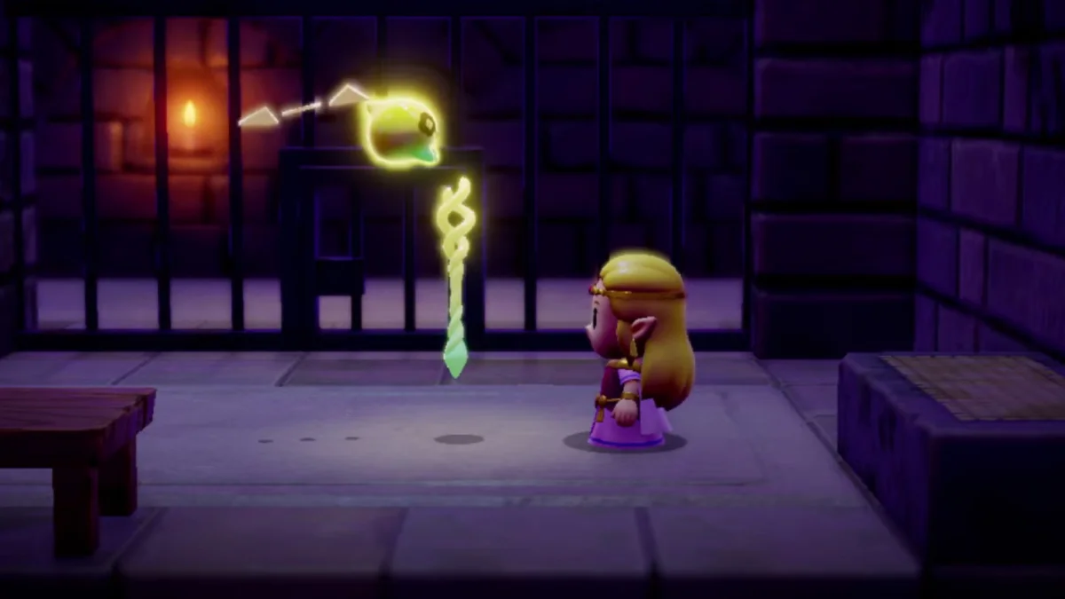 Ein Screenshot aus The Legend of Zelda: Echoes of Wisdom zeigt die Prinzessin, wie sie ihren magischen Stab erhält.