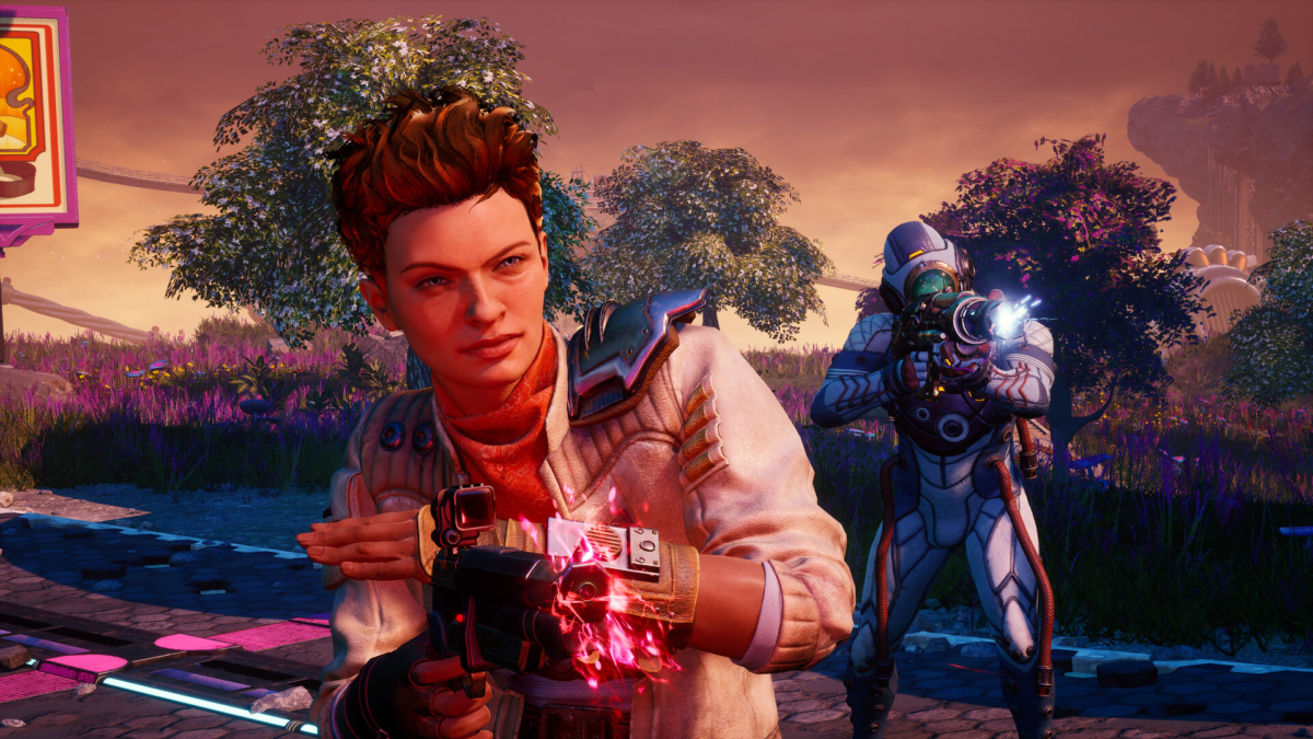 In einem Screenshot von The Outer Worlds feuert eine Frau mit kurzen braunen Haaren eine Handfeuerwaffe ab.