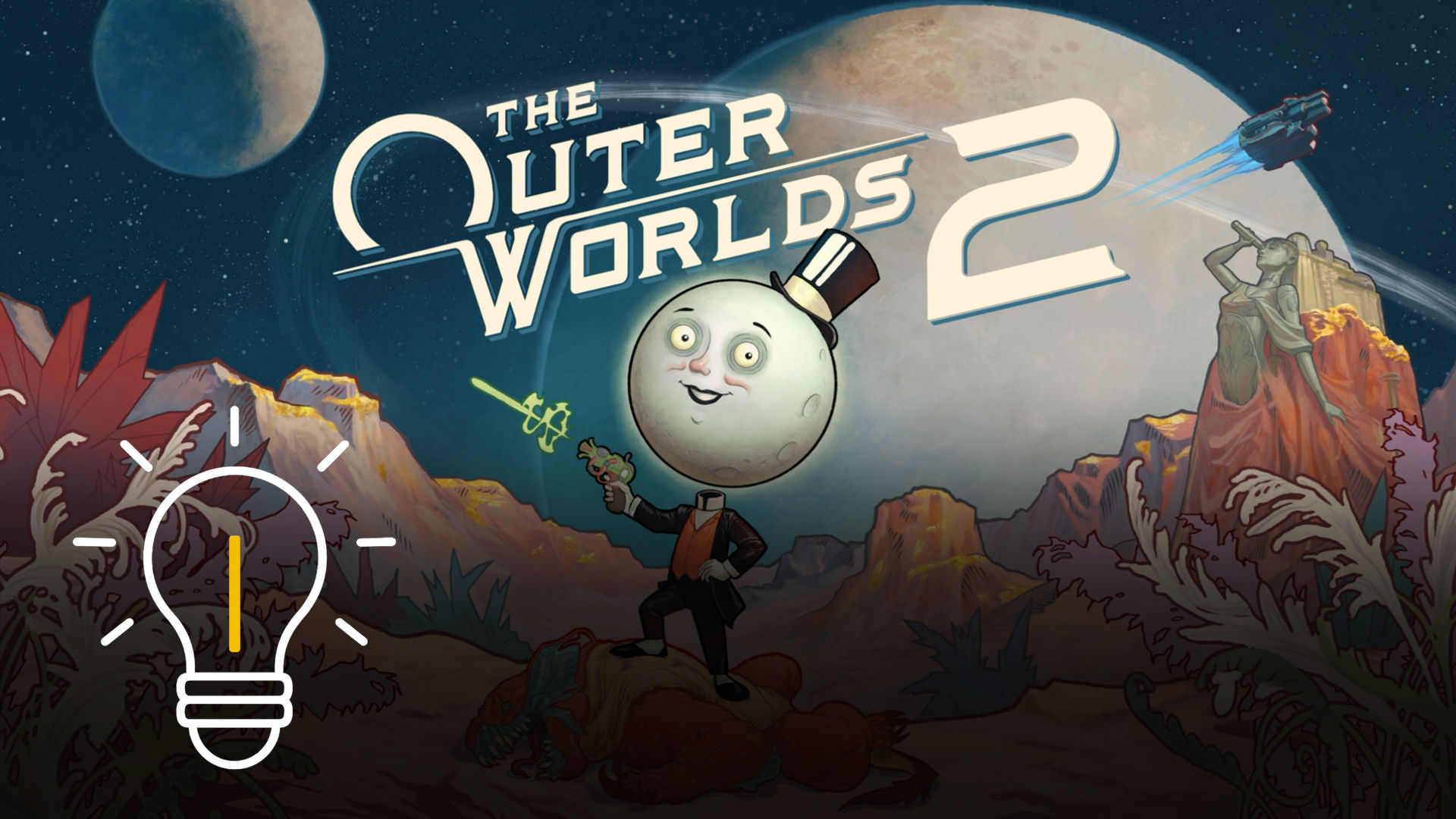 Illustration zu The Outer Worlds 2 mit spaciger Landschaft, einer Statue, einem Raumschiff am Himmel und der Maskottchenfigur mit Mondkopf und Zylinder, die auf einem besiegten Monster steht und eine futuristische Waffe hält.