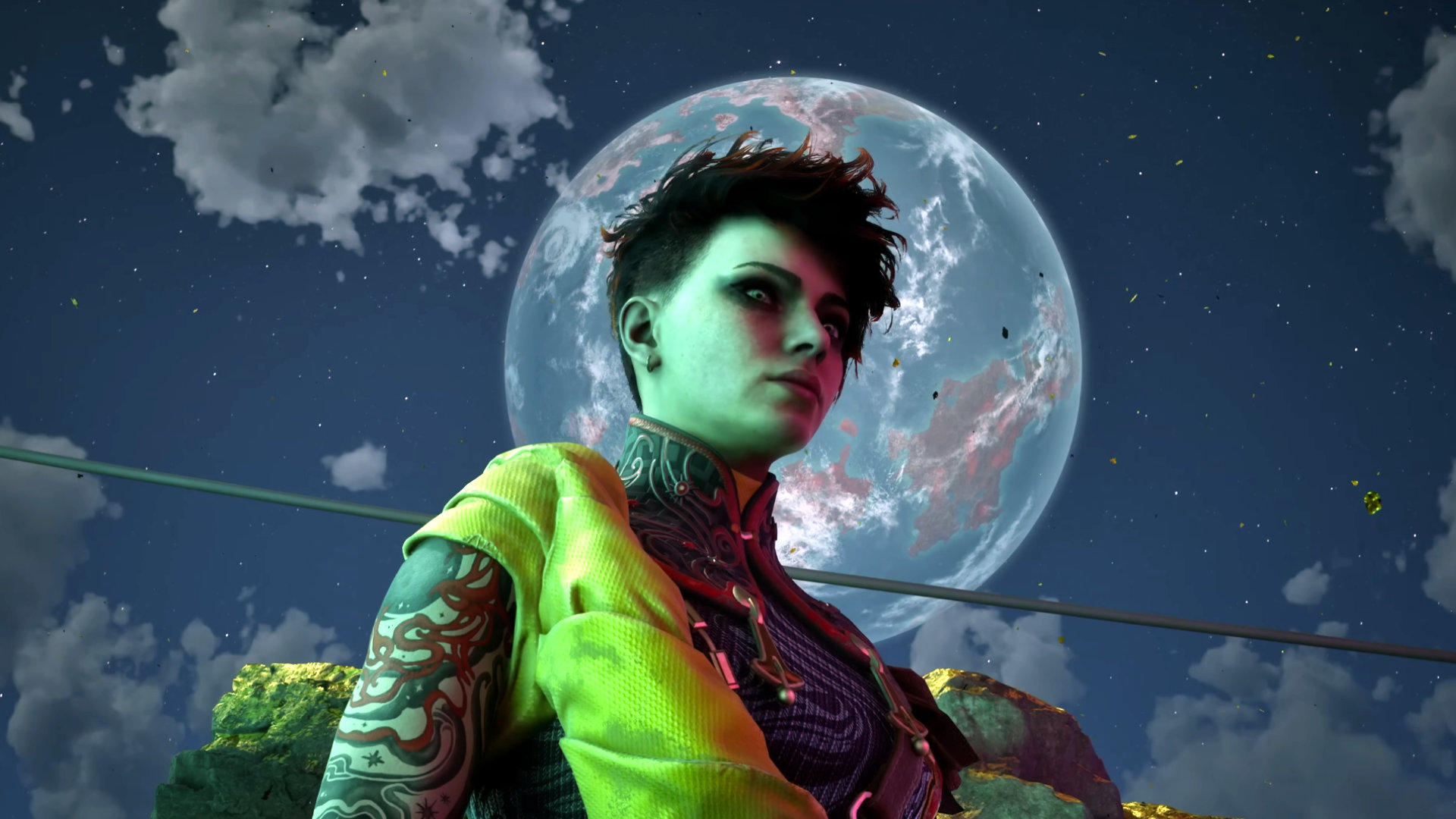 Eine grünhäutige Frau mit kurzem Haar und Tattoos blickt entschlossen in den Nachthimmel, im Hintergrund schwebt ein riesiger Planet – Spielszene aus The Outer Worlds 2.