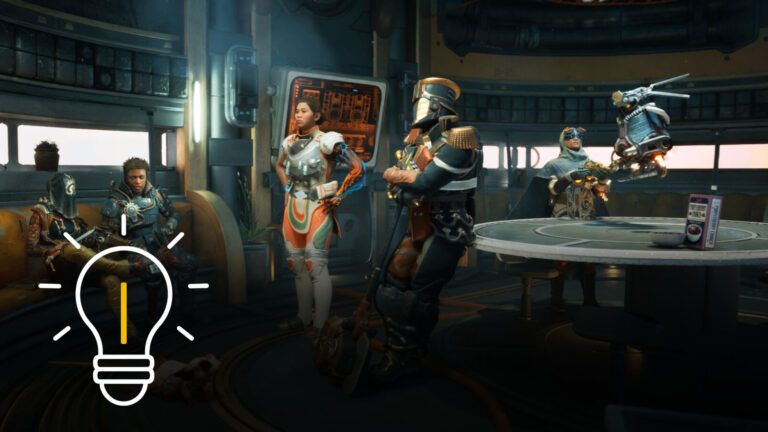 A group of six diverse companions — including humans, a robot, and a small alien creature — gathers around a table inside a futuristic spaceship – gameplay scene from The Outer Worlds 2.