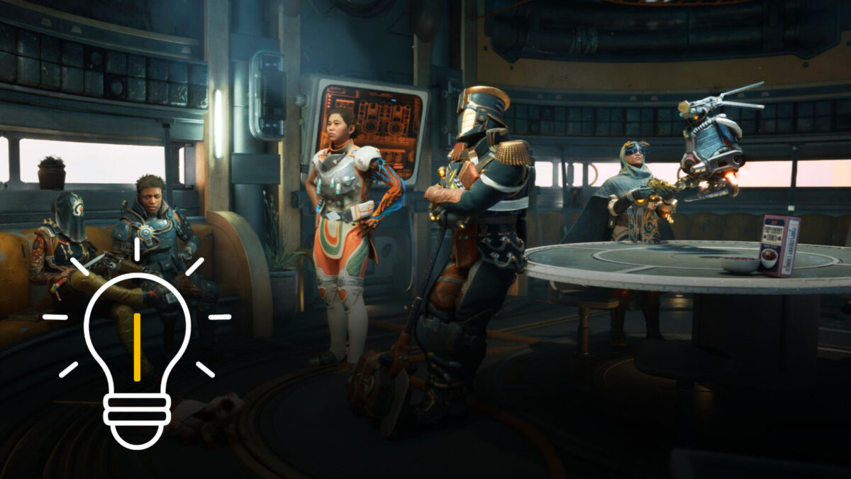 Eine Gruppe von sechs unterschiedlichen Begleitern, darunter Menschen, ein Roboter und ein kleines Alien-Wesen, versammelt sich in einem futuristischen Raumschiff um einen Tisch – Spielszene aus The Outer Worlds 2.
