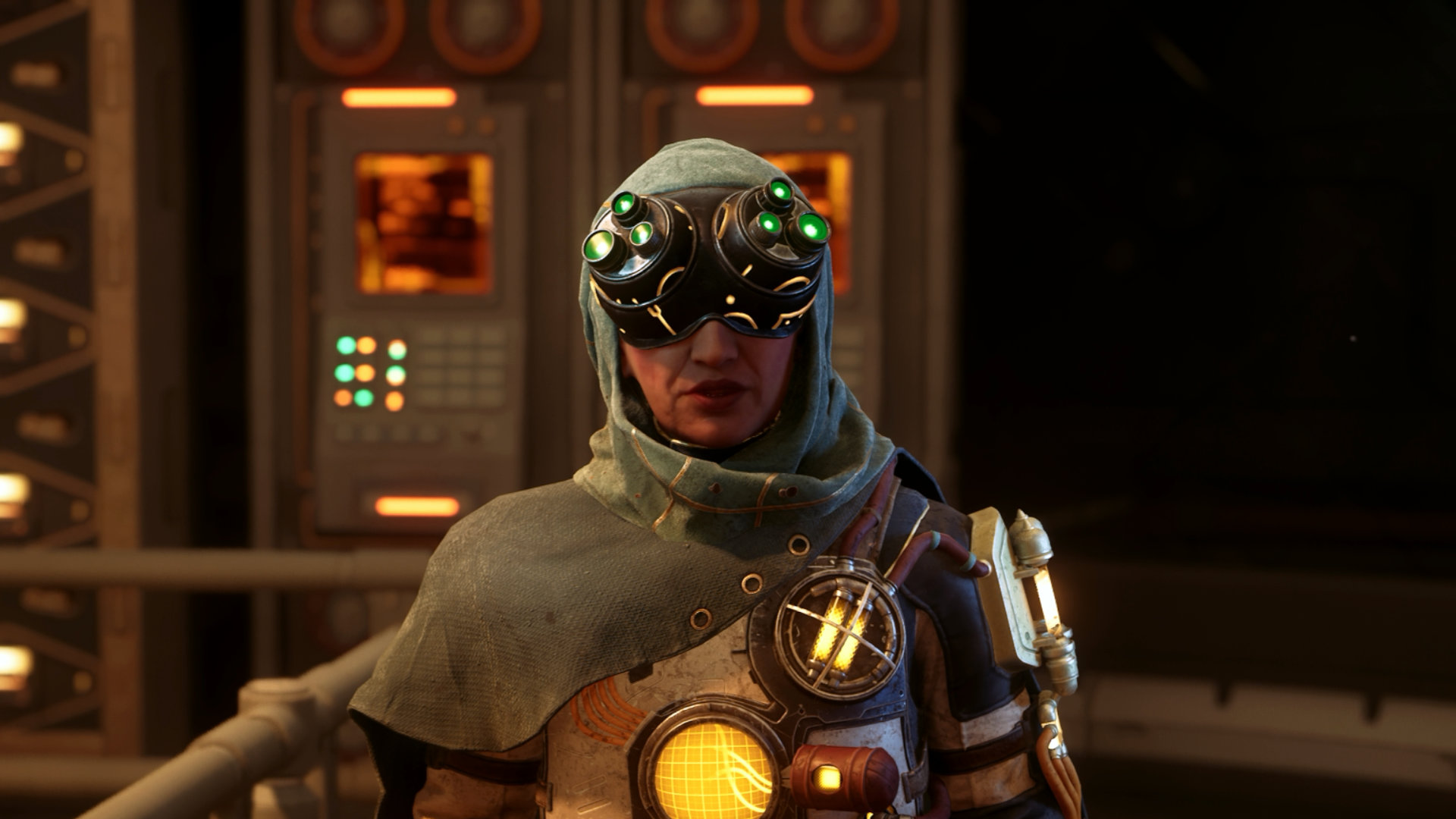 A hooded figure wearing glowing protective goggles stands in a lab filled with advanced tech – gameplay scene from The Outer Worlds 2.