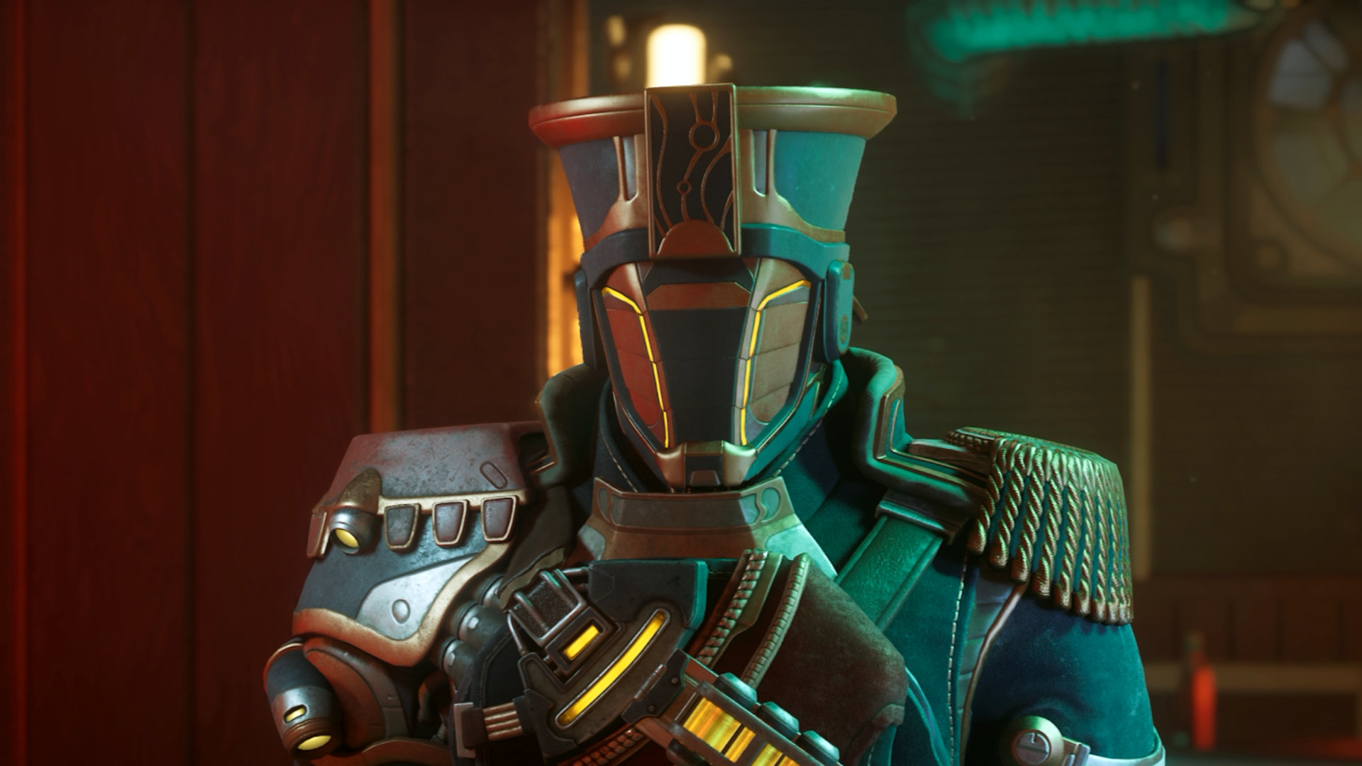 A masked officer in ornate uniform pieces and a helmet with golden accents – gameplay scene from The Outer Worlds 2.