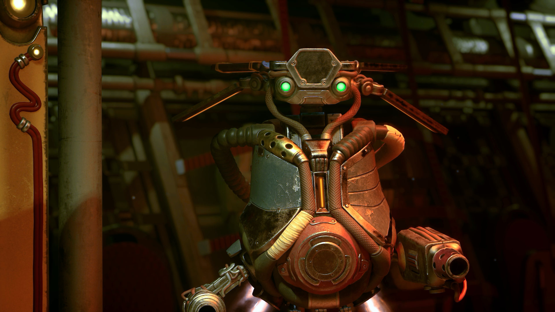Ein roboterartiger Begleiter mit grün leuchtenden Augen und mechanischen Armen in metallischer Umgebung – Spielszene aus The Outer Worlds 2.