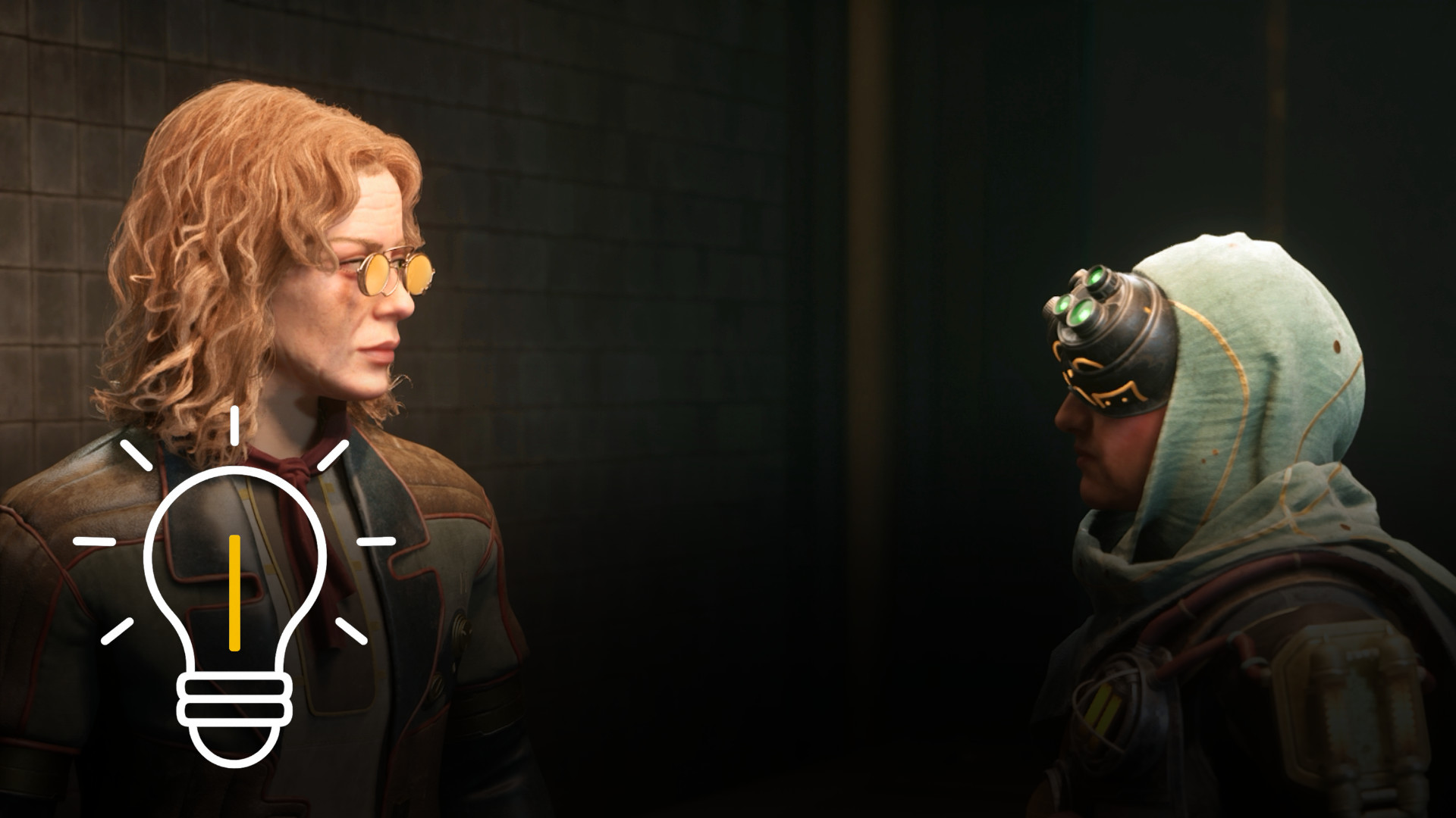 Zwei Charaktere stehen sich in einem dunklen Raum gegenüber: eine Person mit lockigem Haar und gelben Brillengläsern spricht mit jemandem in Kapuze und Schutzbrille – Spielszene aus The Outer Worlds 2.