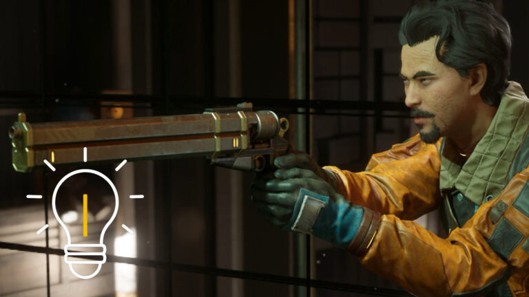 A man in futuristic gear takes aim with a massive revolver — gameplay scene from The Outer Worlds 2.