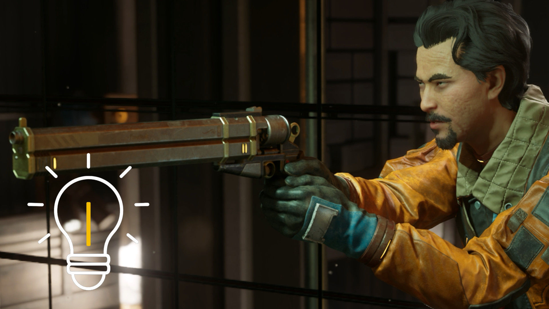 A man in futuristic gear takes aim with a massive revolver — gameplay scene from The Outer Worlds 2.