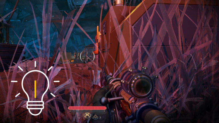 Spielszene aus The Outer Worlds 2: Der Spielercharakter liegt im hohen, rötlich leuchtenden Gras verborgen und beobachtet eine feindliche Basis aus der Deckung. Im Vordergrund ist ein futuristisches Scharfschützengewehr zu sehen, während im Hintergrund Gegner patrouillieren.