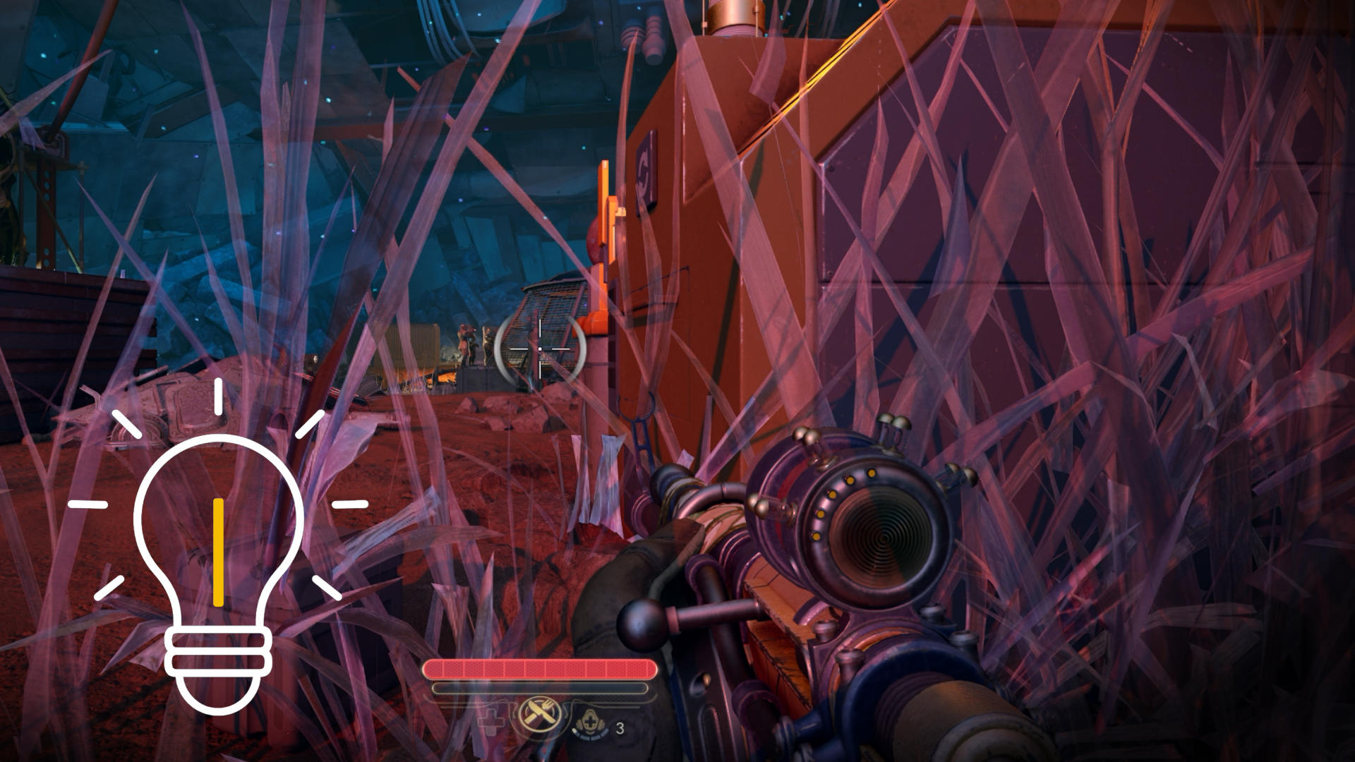 Spielszene aus The Outer Worlds 2: Der Spielercharakter liegt im hohen, rötlich leuchtenden Gras verborgen und beobachtet eine feindliche Basis aus der Deckung. Im Vordergrund ist ein futuristisches Scharfschützengewehr zu sehen, während im Hintergrund Gegner patrouillieren.