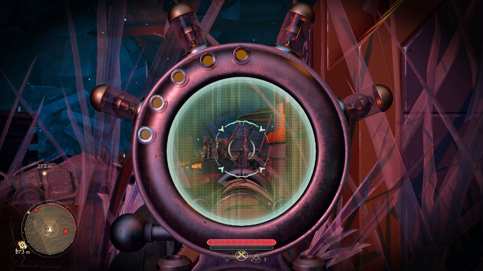 A first-person view from The Outer Worlds 2, showing the player aiming through a futuristic sniper scope at two armored enemies inside a dimly lit industrial environment with blue and red lighting effects.