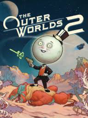 Ein Comic-artiges Cover zu The Outer Worlds 2 zeigt eine Figur mit einem Mondkopf und Zylinder, die auf einem außerirdischen Planeten steht und eine futuristische Waffe hält.