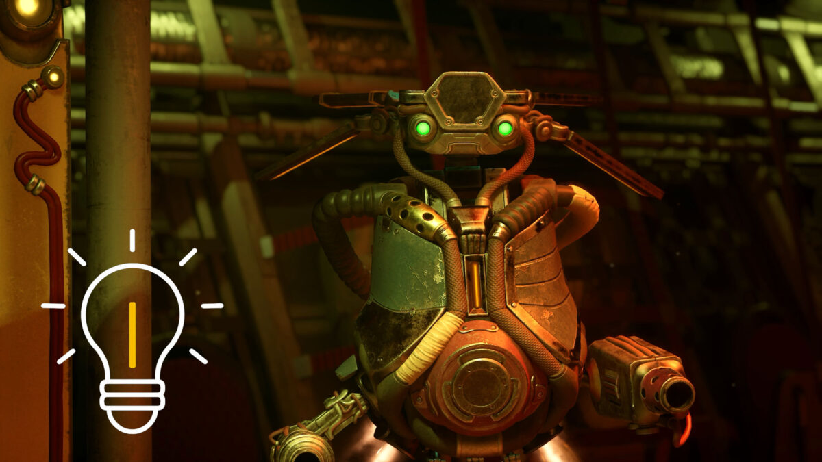 Ein Roboter mit grün leuchtenden Augen steht in einer industriellen Umgebung in The Outer Worlds 2. Im Vordergrund links ist ein Symbol einer Glühbirne zu sehen, das auf eine Idee oder Erkenntnis hinweist. Die Szene ist in warmes, goldenes Licht getaucht.