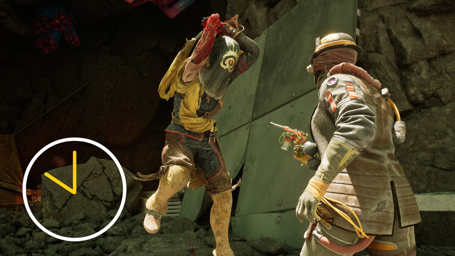 A tense combat scene in The Outer Worlds 2 showing a character aiming a futuristic pistol at an enemy raising a melee weapon inside a rocky cave with dim lighting.