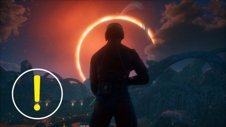 Ein Soldat steht bei Sonnenuntergang vor gerötetem Himmel.