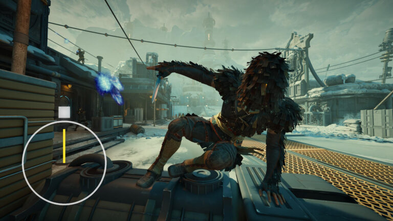 A character in armor leaps through a snowy sci-fi landscape while an enemy fires energy projectiles in the background — scene from The Outer Worlds 2.
